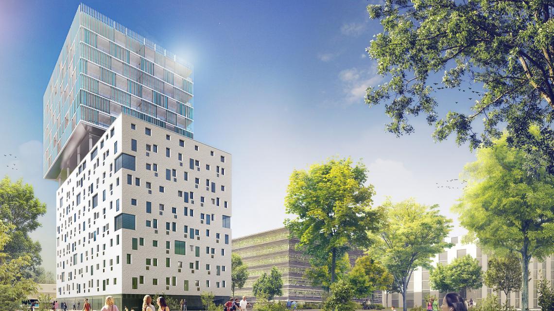 La tour de bureaux Innova à Bordeaux, surplombée d'un bloc résidentiel © Carle