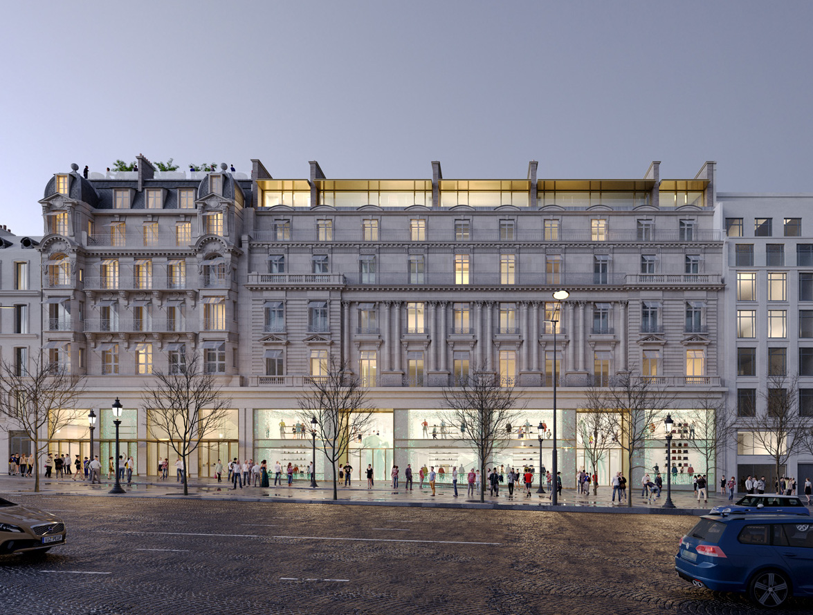 Perspective du 150 Champs-Elysées transformé en hôtel et commerce. 