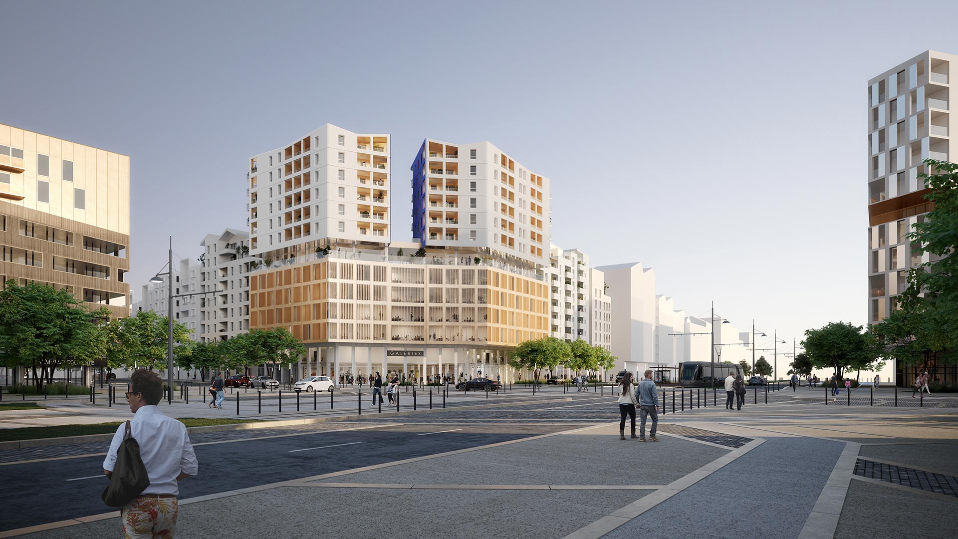 Le Prism à Montpellier, un immeuble de bureau surplombé d'un bloc résidentiel. © Kaufman & Broad