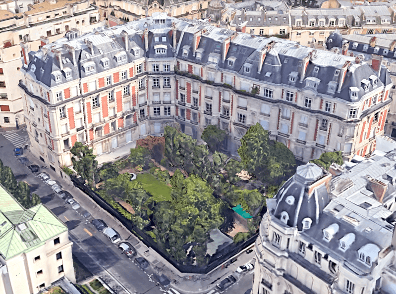 Le 31 Octave Feuillet, avec le vaste appartement sur la moitié gauche et le jardin qui lui fait face. © Google Earth