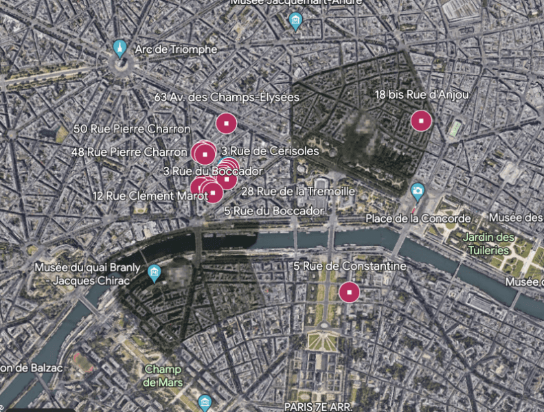 Le patrimoine de la Foncière du Triangle d'or à Paris. © Google Maps