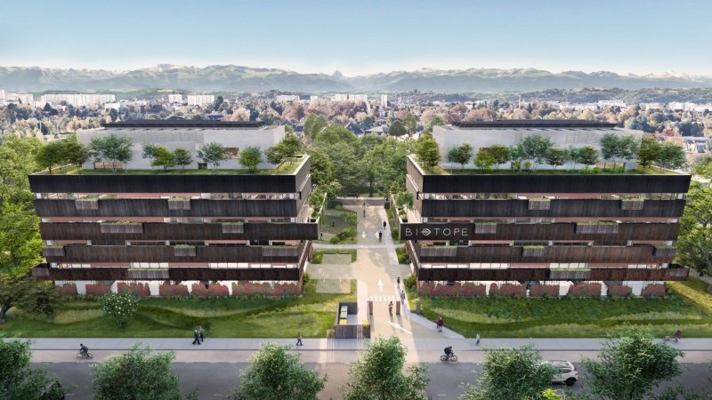 Le programme de 5 500 mètres carrés de bureaux Biotope I & II à Pau. Le programme de 5 500 mètres carrés de bureaux Biotope I & II à Pau.