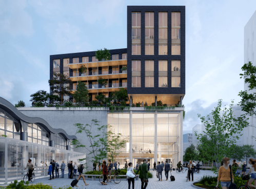 Le Carroussel à Nantes, avec les deux immeubles de bureaux en hauteur, et le socle d'échange multimodal. © Bati-Nantes