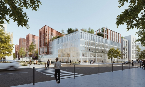 Le programme Envergure à Romainville, avec les bureaux à gauche et les logements tout à droite. © Archi5