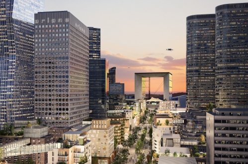 Un visuel d'architectes pour La Défense repensée, avec des immeubles résidentiels d'une dizaine d'étages implantés sur la dalle, dont la largeur est réduite. © 2Portzamparc