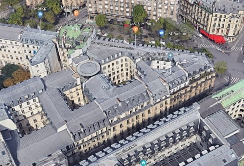 Vue aérienne de l'ensemble du 3-5 boulevard de la Madeleine, à Paris - DR 