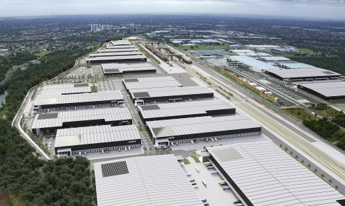 Le projet Moorebank Logistics Precinct avec, en arrière-plan, les chariots automatisés. © Axa IM Alts Le projet Moorebank Logistics Precinct avec, en arrière-plan, les chariots automatisés. © Axa IM Alts