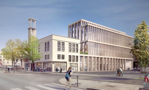 Le 47 Gallieni jouxte une église moderne - Lyon 7. © Cécile Rémond