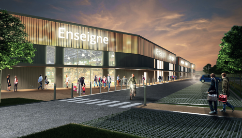 Perspective des bâtiments E et F du retail park de Crépy-en-Valois.