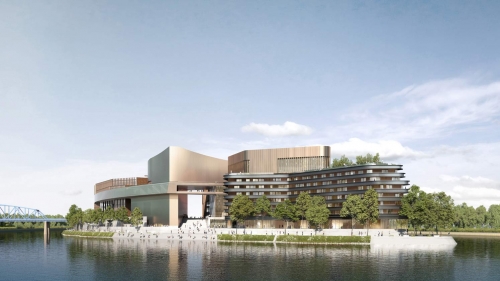 Le projet Pointe Amont à Boulogne, avec la fondation d'art contemporain (gauche), l'immeuble de bureaux (centre) et l'hôtel (droite). © Emerige