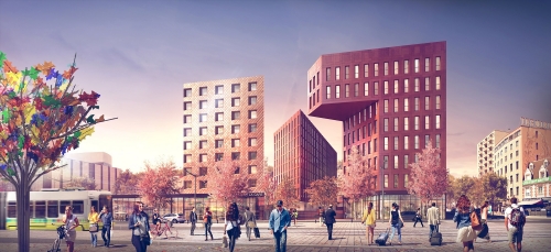 Le projet Post Weiss à Saint-Étienne : les hôtels et logements à gauche, les bureaux de la CPAM au centre, et l'immeuble de la SHAM à droite.