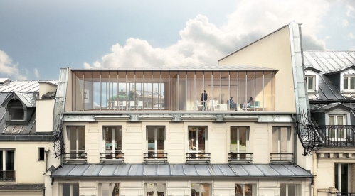 Le rooftop du 9 Helder, avec vue sur l'Opéra de Paris. © Arcame