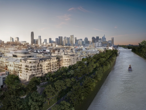 Le futur ensemble du 3/5 Dion Bouton à Puteaux, face à la Seine. © Novaxia / Emerige Le futur ensemble du 3/5 Dion Bouton à Puteaux, face à la Seine. © Novaxia / Emerige