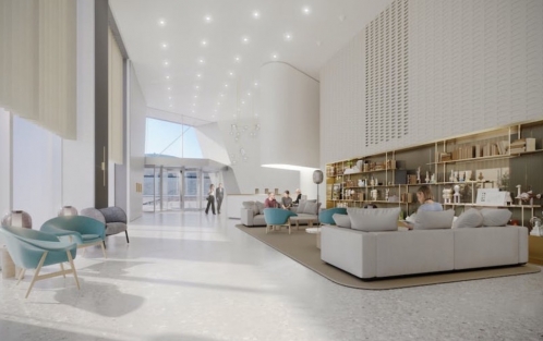 Le hall d’accueil au rez-de-chaussée de la tour Hopen, à La Défense. 