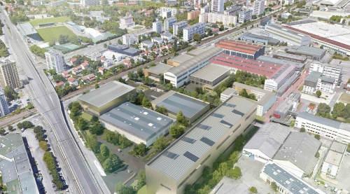 Perspective de la 6nergy Valley portée par 6e Sens Immo, avec les deux immeubles acquis par MP Groupe au premier plan