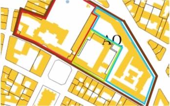 Plan cadastral de l'Îlot St-Germain (marron), avec la partie Ouest conservée par l'État (rouge), la partie Est vendue à Constellation (bleu), et la partie Sud cédée à la RIVP (vert).