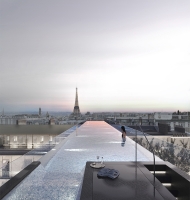 Le projet de piscine coiffant le rooftop du 150 Champs-Élysées. 