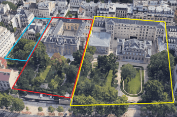 L'hôtel de Montesquiou (ambassade de Chine) en jaune, l'hôtel de Bourbon-Condé (roi du Bahreïn) en rouge et l'hôtel de Condé (Kostyantin Zhevago) en bleu