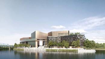 Le projet Pointe Amont à Boulogne, avec la fondation d'art contemporain (gauche), l'immeuble de bureaux (centre) et l'hôtel (droite). © Emerige